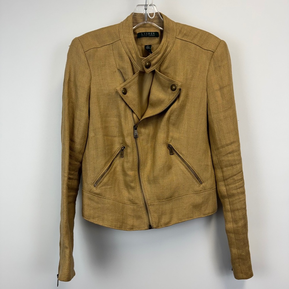 Lauren Ralph Lauren Tan Linen Herringbone Moto Jacket Asymmetrical Zip Size 4
